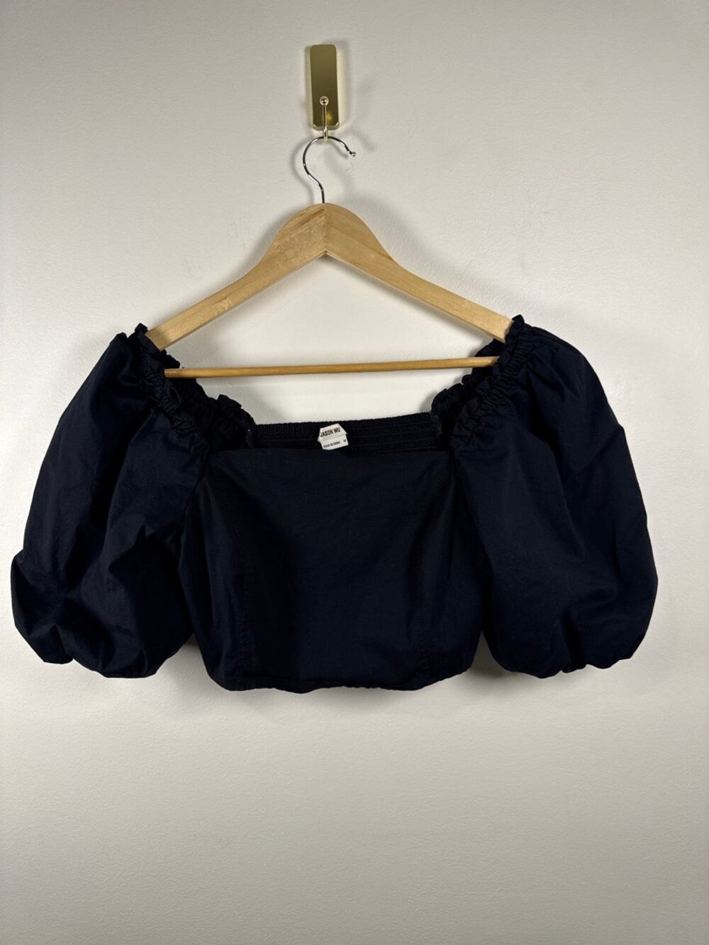 Jason Wu Puff-Sleeve Smocked-Back Cropped Top — Black — M
